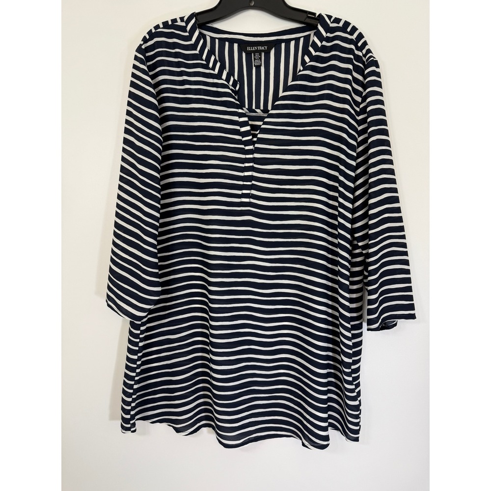 Ellen Tracy Striped Tunic Blouse XL Navy White Semi Sheer Swim Cover Up Top